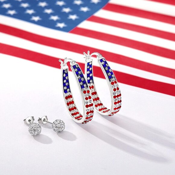 Crystal Hoop Earrings Silver Plated Patriotic American Flag Dangle Jewelry - Picture 4 of 7